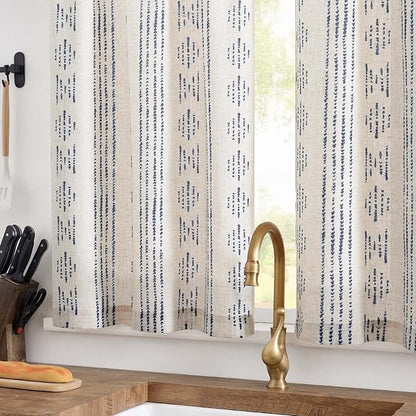jinchan Boho Kitchen Linen Tier Curtains 30 Inch Bohemian Cafe Curtains Farmhouse Natural Striped Half Window Treatment for Bathroom RV Vintage Small Window Curtains 2 Panels Blue on Beige