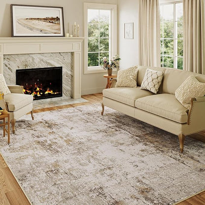 10x12 Washable Area Rug Brown Grey Abstract Neutral Living Room Bedroom Large Throw Rug Non Slip Soft Distressed Low Pile Indoor Floor Carpet for Kitchen Office Entryway
