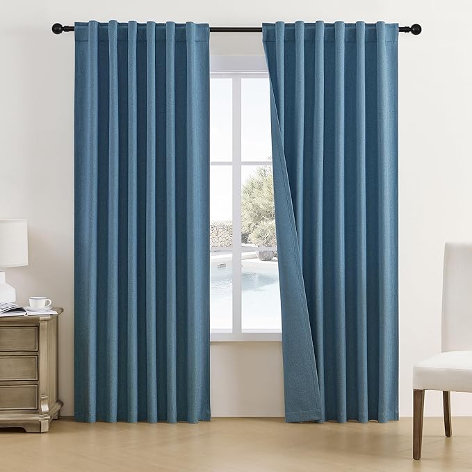 DUALIFE 100% Blackout Linen Blue Curtains for Bedroom 84 Inches Long,Back Tab/Rod Pocket Living Room Drapes,Thermal Insulated Textured Black Out Curtains 2 Panels Set,50" W x 84" L,Classic Blue