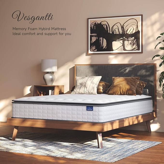 Vesgantti Twin XL Mattress, 10 Inch Hybrid XL Twin Mattress in a Box, Extra Long Pillow Top Twin Mattresses, Foam and Pocket Coils Innerspring Mattresses, Medium Firm Plush Feel