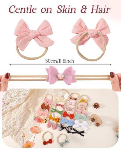 doboi Baby Girl Headbands 24PCS Nylon Linen Handmade Hairbands with Hair Bows and Accessories for Newborns, Infants, Toddlers, and Little Kids