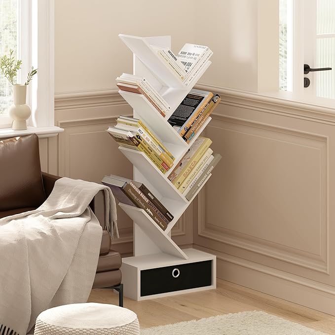 Furinno Tree Bookshelf 7-Tier Floor Standing Tree Bookcase with Bin Drawer, White/Black