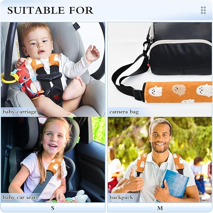 2 Pack Seatbelt Covers Seat Belt Cover Pad for Adults Boys Girls Car Seat Strap Covers Pads Cushion Universal Shoulder Strap Pad Protector for Backpack Camera Bag 10x7.7Inch Halloween Ghosts Orange