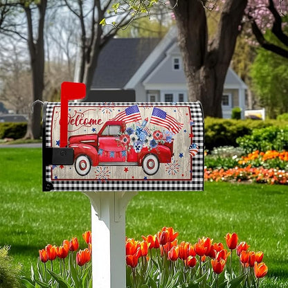 Welcome Red Truck Mailbox Cover 4th of July Mailbox Covers Magnetic Patriotic Post Letter Box Wrap Standard Size 21x18 in for Outdoor Garden Mail Box Decor Floral Buffalo Plaid