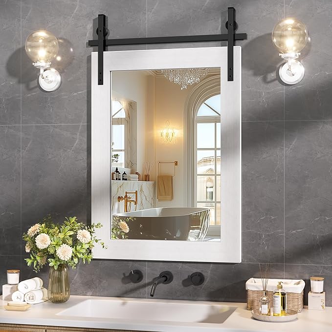 Hasipu Farmhouse Bathroom Mirror, 22"x30" Rustic Wood Framed Wall Mounted Mirror, White Vintage Vanity Mirror Barn Door Style Decrative Mirrors