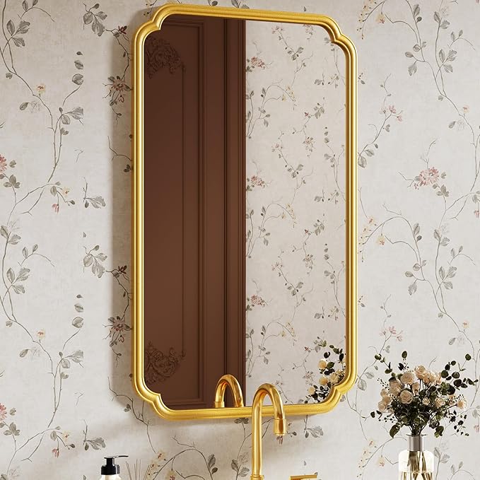 26"x40" Rustproof Bathroom Mirror Gold, Round Corner Metal Frame Wall Mirror, Horizontal/Vertical Hanging Over Sink, Bedroom Bathroom Decor
