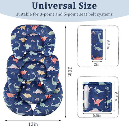 Infant Car Seat Insert Cushion, Super Soft Baby Car Seat Head Support & 2 Straps Pads, Reversible Preemie Newborn Carseat Insert, Fit Car Seat, Stroller, Infant Bouncer, Blue Dinosaur