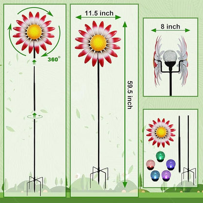 Decorative Metal Garden Daisy-Style Rotator, Decorative Garden Post, Daisy-Style Sculpture Courtyard. Outdoor Courtyard Art. (Red)