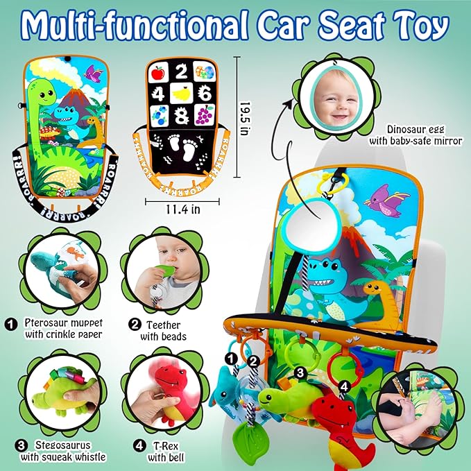 Baby Car Seat Dinosaurs Toys - Kick and Play Double Sided Infant Car Seat Toys with Plush Toys, Mirror, Teether for Baby, Babys Travel Activities, Christmas Birthday Gifts Newborn Infant Toys