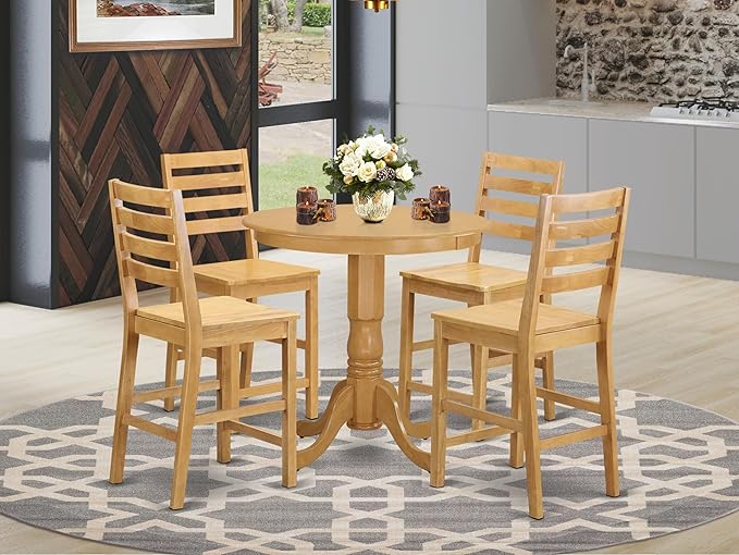 East West Furniture JACF5-OAK-W 5 Piece Counter Height Dining Set Includes a Round Dining Table with Pedestal and 4 Kitchen Chairs, 36x36 Inch, Oak