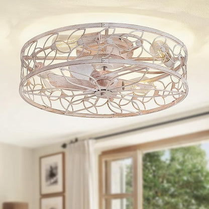 LEDIARY 23 Inch Caged Ceiling Fans with Lights, White Flush Mount Ceiling Fan with Remote&App, Large Low Profile Bladeless Ceiling Fan Light Fixture for Bedroom, Kitchen, Dining Room-White Gold Color