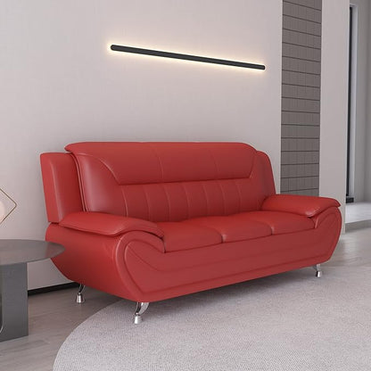 Container Furniture Direct Michael Modern Faux Leather Upholstered Stainless Steel Legs Living Room Sofa, Red