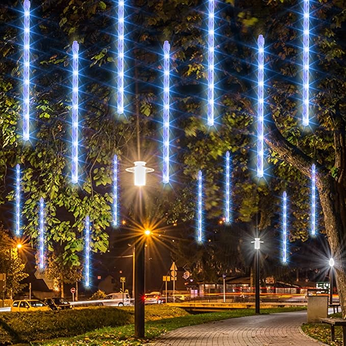 Dazzle Bright Christmas Lights Outdoor, 288LED Meteor Shower Rain Lights 12 Inch 8 Tubes, Waterproof Plug in Falling Icicle Light Christmas Decorations for Xmas Tree Yard House Decor (Blue)