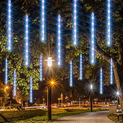 Dazzle Bright Christmas Lights Outdoor, 288LED Meteor Shower Rain Lights 12 Inch 8 Tubes, Waterproof Plug in Falling Icicle Light Christmas Decorations for Xmas Tree Yard House Decor (Blue)