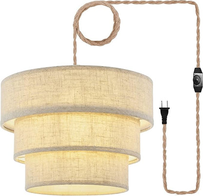 XININSUN 3-Tier Drum Linen Plug in Pendant Light with15ft Hemp Rope Cord E26 Dimmer Switch Hanging Lights Fixture Plug in Chandelier for Kitchen Island Dining Room Entryway Hallway-1Pack