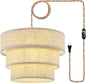 XININSUN 3-Tier Drum Linen Plug in Pendant Light with15ft Hemp Rope Cord E26 Dimmer Switch Hanging Lights Fixture Plug in Chandelier for Kitchen Island Dining Room Entryway Hallway-1Pack
