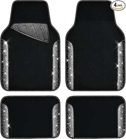 CAR PASS Bling Car Mats Shining Diamond Carpet Crystal Rhinestone Sparkly Glitter Floor Mats with Anti-Slip PVC Pad Universal Fit Automotive SUV,Sedan,Van,4pcs for Girl Women, Black Sliver Diamond