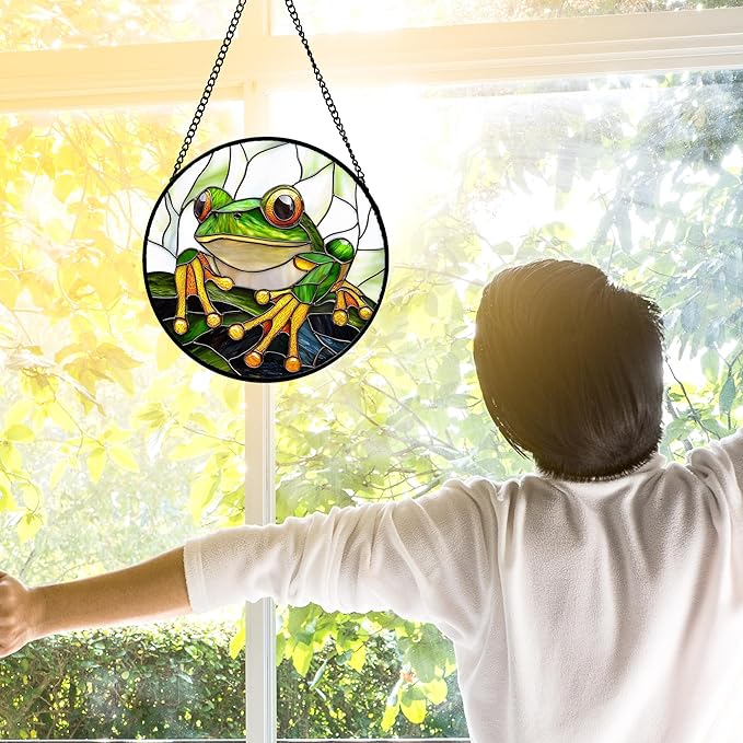 Stained Glass Window Hanging, Green Frog White Petals Sun Catchers Colorful Glass Panel Cute Suncatcher Decor for Birthday for Women, Men, Wife, Aunt, and Mom 6.3 in