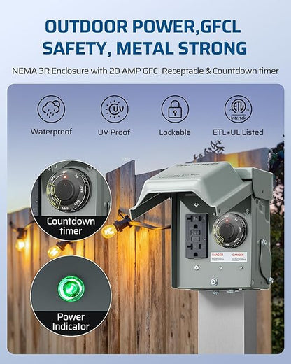 DEWENWILS Outdoor Outlet Box with 20 AMP WRTR GFCI Receptacles, Countdown Function & 4/8 Hrs Cycle, 125V/2500W, 1/2hp Rainproof 3R Enclosure, Outdoor Electrical Outlet Box for Decor, Yard