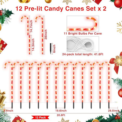 COOWUFAN 28" Christmas Candy Cane Pathway Markers Lights, Set of 24 Pack Christmas Outdoor Decorations, Waterproof Candy Cane Decor for Indoor Outside Yard Garden Patio Lawn