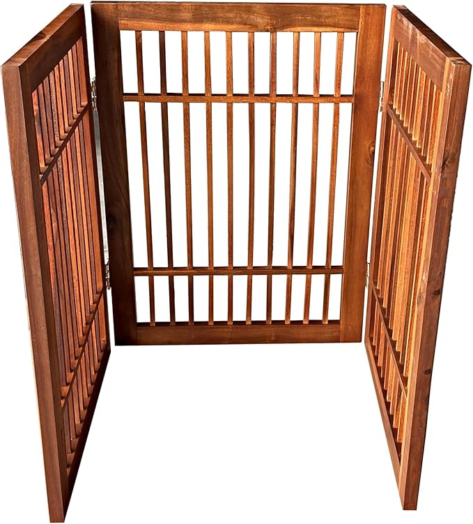 Pet Dog Gate Strong and Durable Freestanding Folding Acacia Hardwood Portable Wooden Fence Indoors or Outdoors by Urnporium (Brown Pet Gate, 3 Panel 24" Tall)