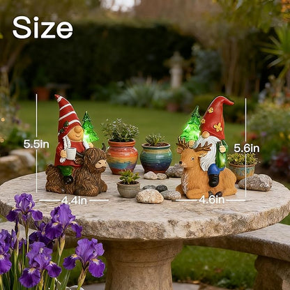 2 Pcs Gnome Garden Decor Statue Highland Cow and Reindeer, Solar LED Lights Gnomes Garden Sculpture Decorations for Yard, Gnomes Gifts for Women