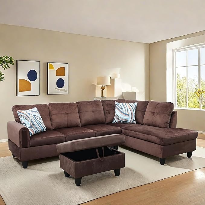 NAYSAYE Sectional Couch with Ottoman Storage, L Shaped Couch Sofa Furniture Sets, Modern Comfy Modular Comfy Sofa for Living Room Bedroom, Office and Apartment, Chocolate
