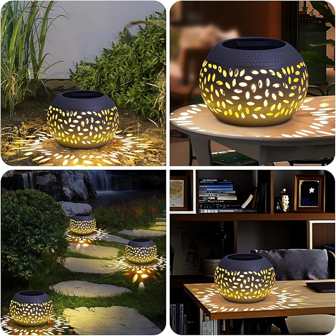 Solar Lanterns Waterproof Outdoor Decor,2 Pack White Hollow Out Metal Solar Lights - Unique Gifts for Women Mom Wife - Outside Garden Yard Porch Indoor Tabletop Retro Decorations