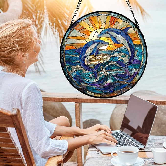 Stained Glass Window Hanging, Blue Dolphin Sun Catchers Colorful Glass Panel Sunrise Sea View Suncatcher Decor for Birthday for Women, Men, Wife, Aunt, and Mom 14.9x14.9 in