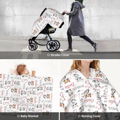 Custom Baby Car Seat Canopy Personalized Car Seat Covers with Name for Baby Boys Girls Customized Cat Nursing Breastfeeding Cover Infant Carseat Canopies Newborn Minky Baby Blanket