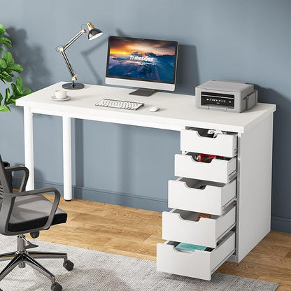 Tribesigns Computer Desk with 5 Drawers, 47 inches Rustic Brown Home Office Desk with Storage, Modern Simple Laptop Desk Study Writing Table for Small Spaces (1, White)
