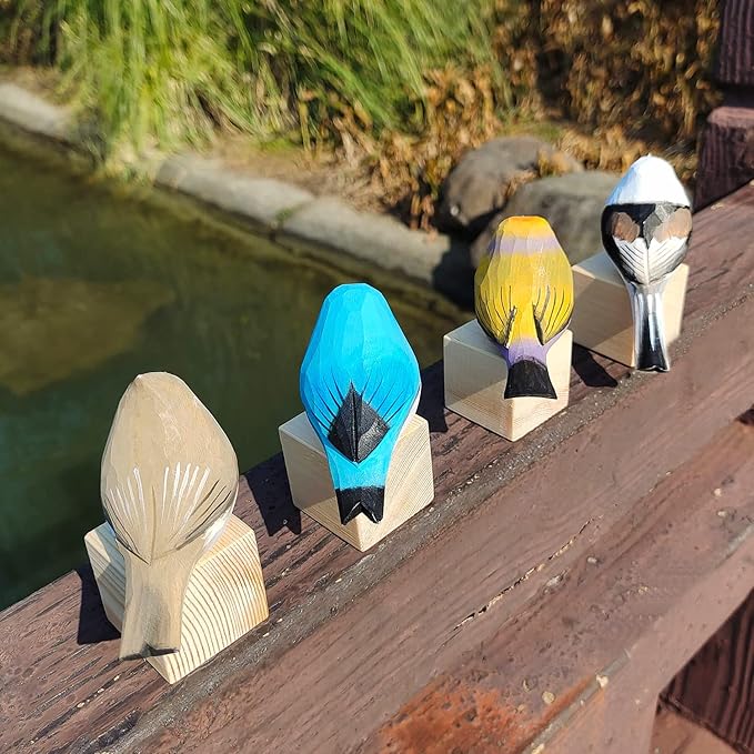Handmade Wooden Carved Bird Decor Sculpted Hand-Painted Bird Figurines Small Home Decor Bird Statue Shelf Decor BFF Gifts for Bird Lovers (Suit 2)