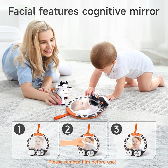 TUMAMA Black and White Baby Toys, High Contrast Tummy Time, Newborn Soft Books Mirror Rattles, Montessori Sensory 0-12 Months, Hanging Infant for Carseat Stroller Play Mat Crib