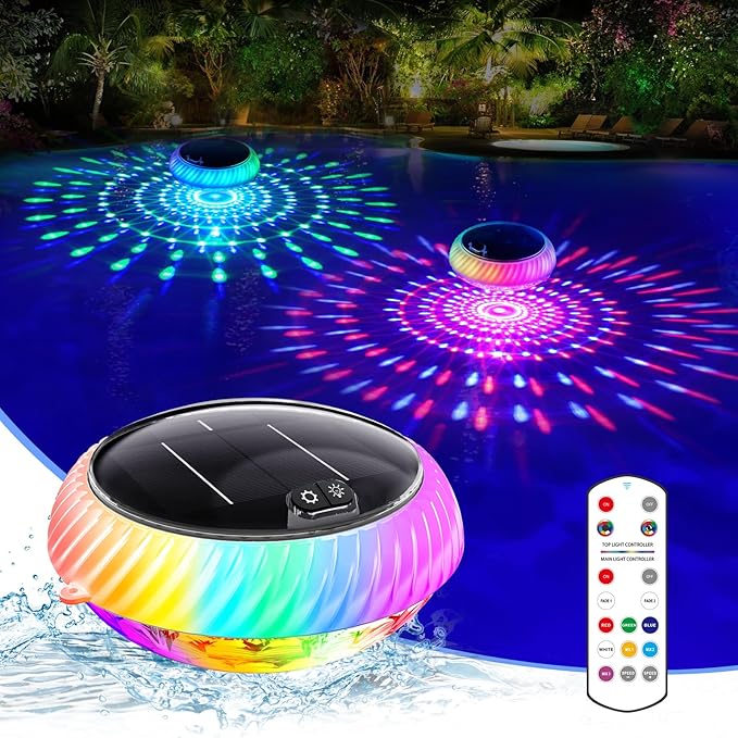 Askyli Floating Pool Lights, IP68 Waterproof Solar Pool Lights That Float, Up and Down Color Changing Solar Floating Pool Light with 7 Dynamic Lighting Effects, Floating Light for Pools,Party(1)