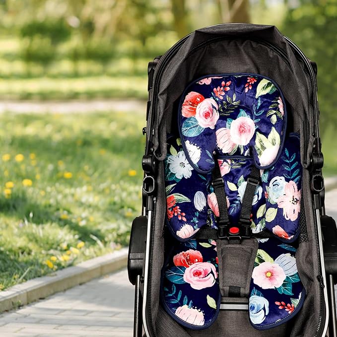 Infant Car Seat Insert, 2 in 1 Baby Head and Body Support for Car Seat, Soft Plush Newborn Carseat Cushion for Stroller Bouncer, Blue Floral