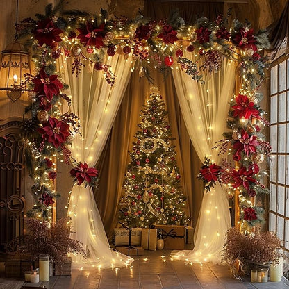 Fomcet Tulle Curtains with Lights String Ivory 20FT X 8FT Sheer Backdrop Curtains for Parties Wedding Baby Shower Photo Shoot Decorations (4 Panels 5x8FT)