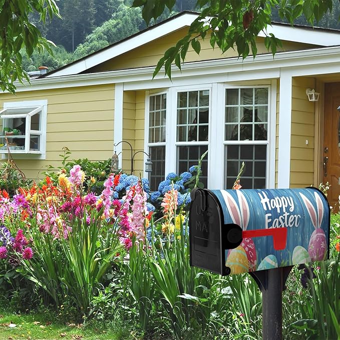 Easter Bunny Mailbox Cover Magnetic Lrage Size 21 x 25.5 Rabbit Colorful Eggs Mailbox Covers Wraps Blue Spring Post Letter Box Cover Oversized for Home Garden Yard Decor