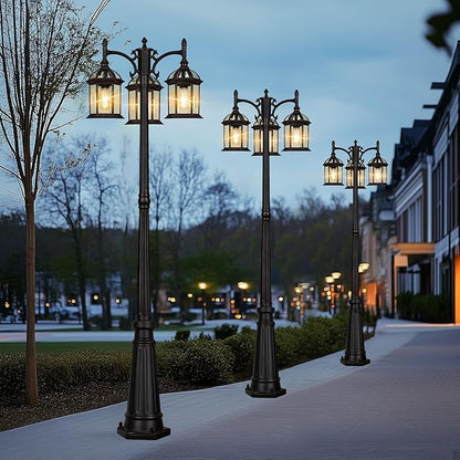 Aluminum Outdoor Lamp Post Birdcage, Hardwired Street Light for Outside, 3-Head Pole Light Modern Lamp Post Outdoor Lighting with Clear Glass Panels for Garden Patio Backyard Walkway Driveway