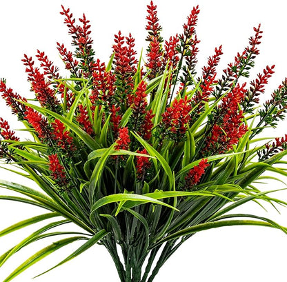 Artificial Flowers for Outdoor Plants 24 Bundles Fake Lavender Plastic Faux Monkey Grass for Verandah Window Garden Office Patio Front Porch UV Resistant for Planter(Red)