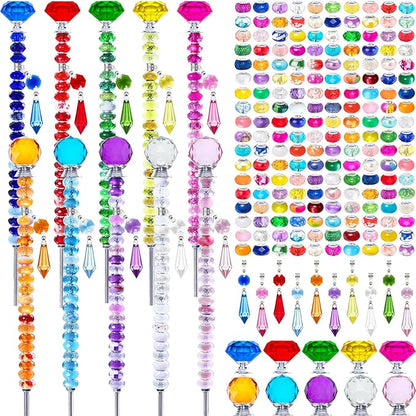 Exway 247 PCS DIY Fairy Wand Beaded Garden Stake Kits with Assortment Large Hole Beads 10 Crystal Stopper Top Threaded Rods and Sparkling Crystal Pendants for Outdoor Indoor Decor