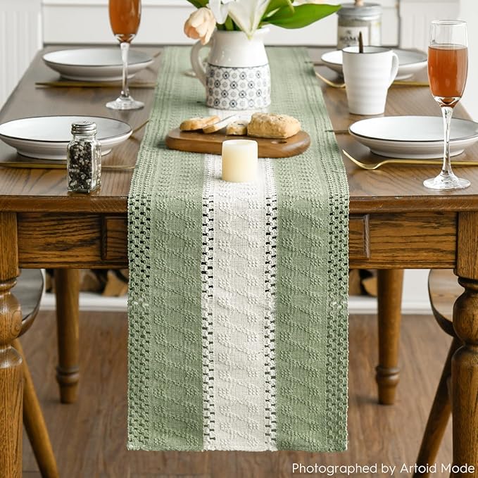 Artoid Mode Light Green Farmhouse Rustic Table Runner, Seasonal Hollow Kitchen Dining Table Decoration for Home Party Decor 12x90 Inch