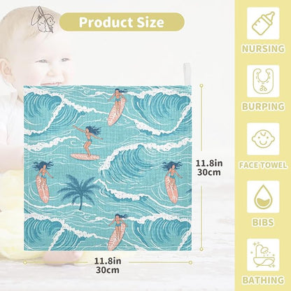 vvfelixl Summer Girl Surfing Baby Burp Cloths Baby Muslin Washcloths for Boys Girls Cotton Babys Face Towel for Newborn Infants Soft and Absorbent 11.8 X 11.8 in, 5 Pack