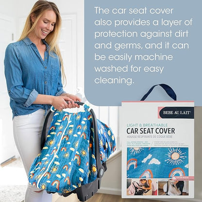 Bebe au Lait Classic Muslin Car Seat Cover -Perfect Baby Car Seat Covers for Babies, Car Seat Canopy, Unisex Baby Car Seat Cover- Easy Snap Straps, Fully Zippered Opening, Breathable- Hello Sunshine
