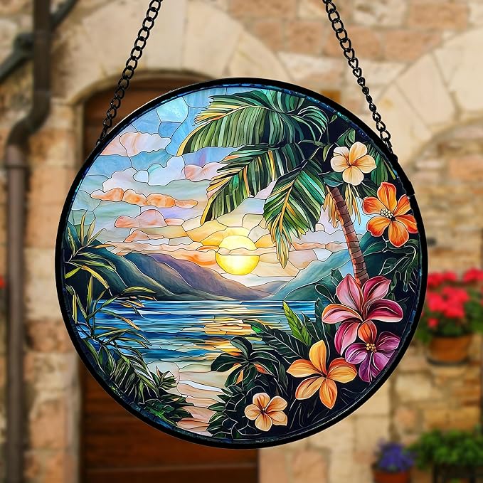 Stained Glass Window Hanging, Colorful Landscape Suncatcher for Doors Home Sun Catchers Decoration and Christmas, Mother's Day Birthday Gifts for Women, Men, and Mom 11.8x11.8 in