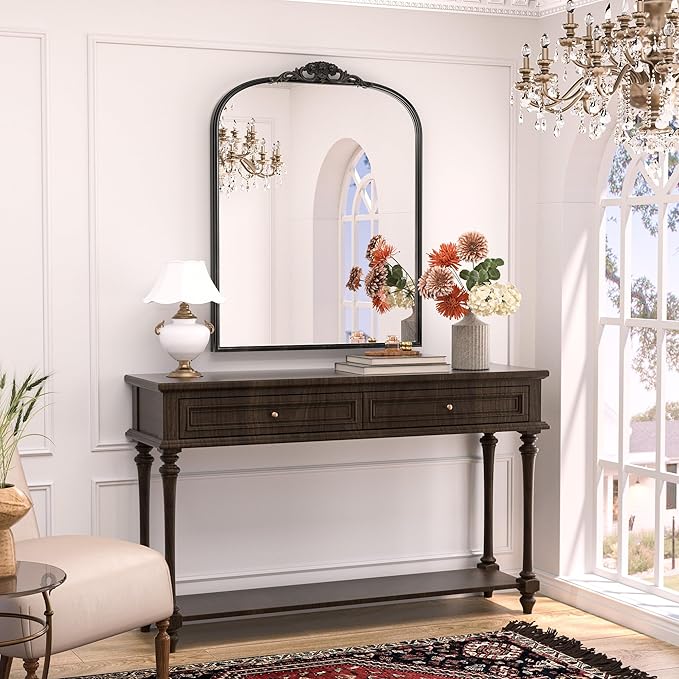 Keonjinn Vintage Arched Wall Mirror 30" x 36", Black Antique Mirrors with Metal Frame, Ornate Baroque Decoration for Mantle, Bathroom, Living Room, Fireplace, French Cleat Mounting