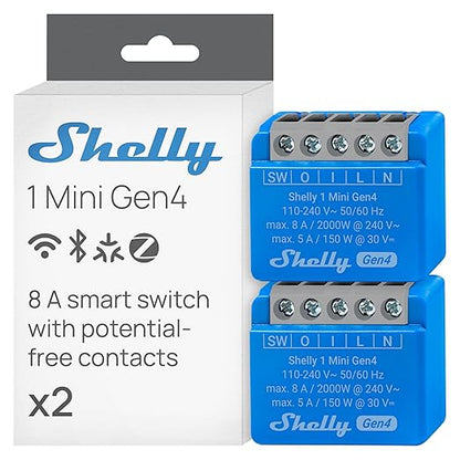 Shelly 1 Mini Gen4 | Wi-Fi, Zigbee & Matter Smart Relay Switch with Dry Contacts, 1-Channel 8A | Home Automation | Alexa, SmartThings, Google, Apple HomeKit Compatible | Garage Door Opener (2 Pack)