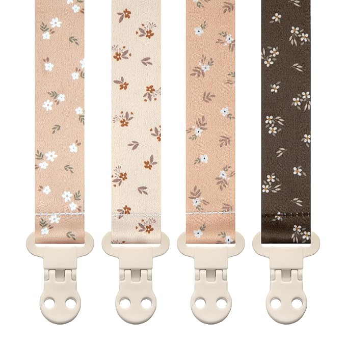 Stadela Baby Pacifier Clip Holder - Girl 4 Pack Gift Set – Boho Modern Neutral Flowers Floral (Allysa)