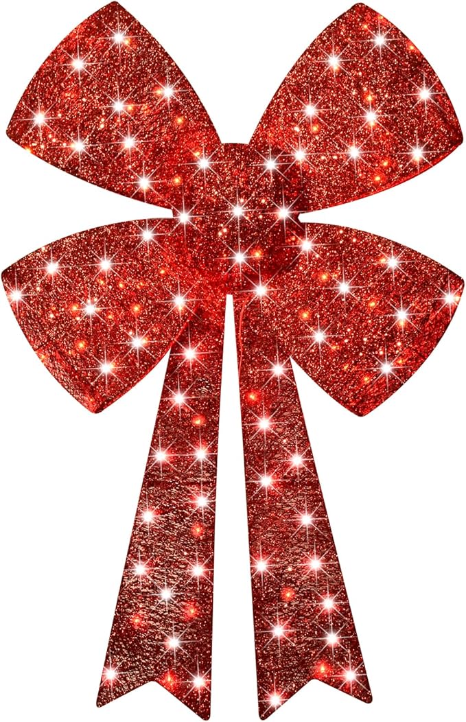 Lighted Giant Christmas Bows Decoration - HOYECHI Lighted Large Outdoor Bows for Wreaths, Outdoor Hanging Christmas Decorations, LED Holiday Yard Décor with 75 Lights - Red