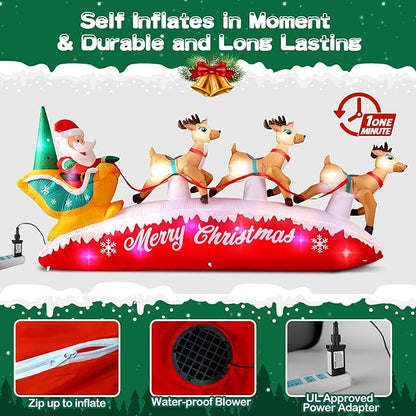 Danxilu Christmas Inflatables 10 FT Long Santa Sleigh with Reindeer Outdoor Decorations, Built-in Colorful LEDs Santa Claus Deer Sled Blow Up Yard Decoration for Outside Lawn Holiday Xmas Decor