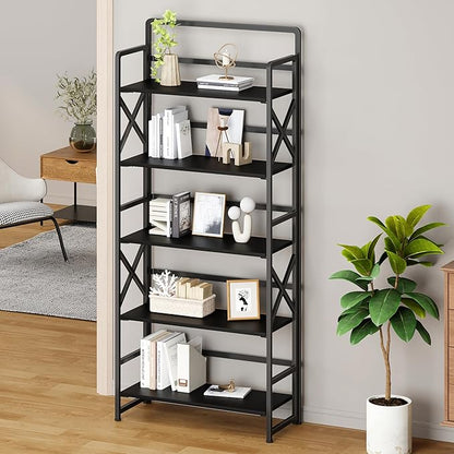 No Assembly Folding Bookshelf, 5 Tiers Vintage Wood Collapsible Book Shelf for Storage,Industrial Metal Foldable Bookcase Organizer for Living Room Bedroom Home Office (Black)